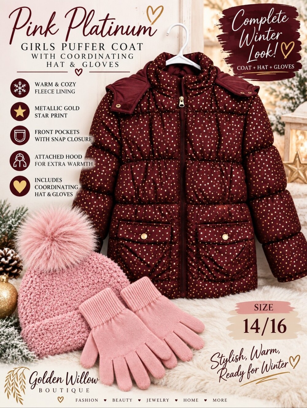 Pink Platinum Girls Maroon Puffer Jacket with Gold Star Print Size 14/16